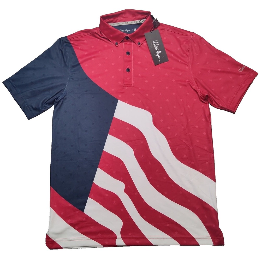 WALTER‎ HAGEN Men Small USA Waving FLAG PATRIOTIC AOP Red Polo Shirt NEW